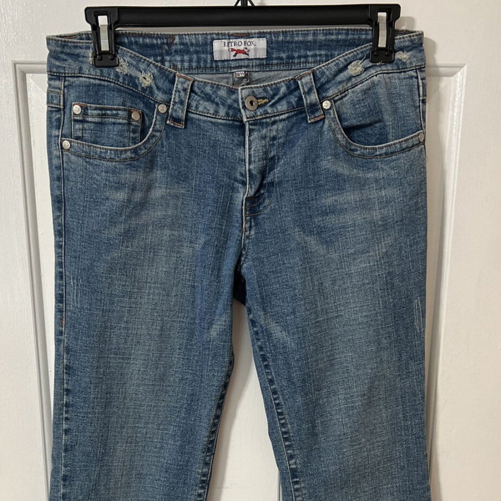 Retro Fox Flared Distressed Blue Jeans Women's Size 13/14
